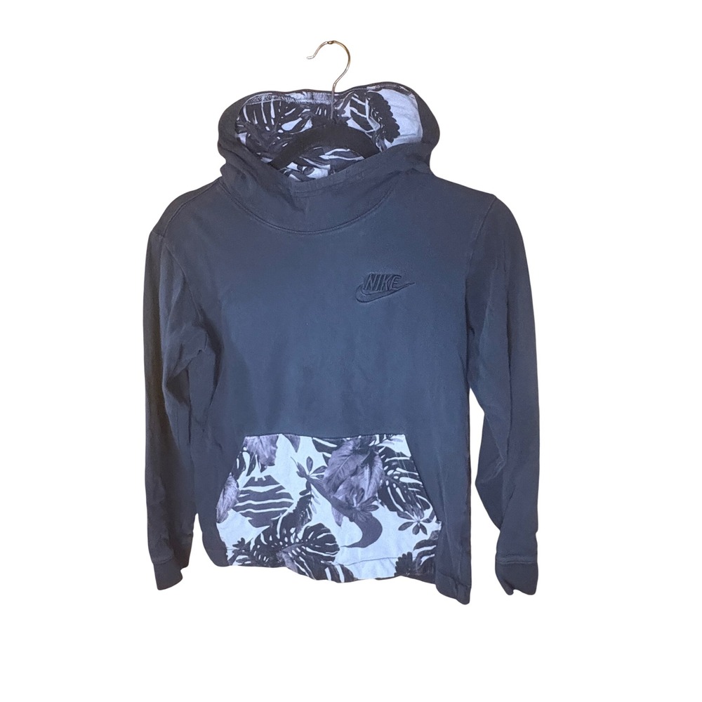 Nike Kids Tropical Floral Print Hoodie Black Grey Pullover Sweatshirt Logo